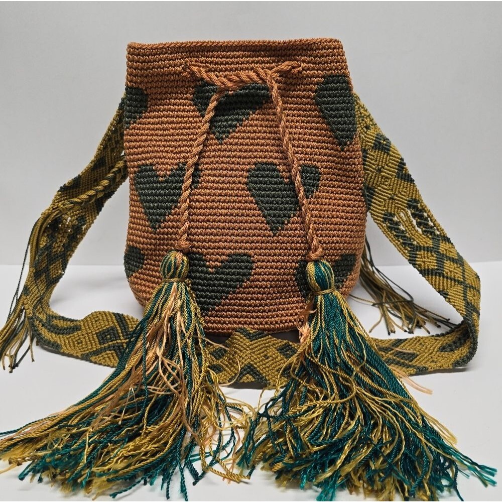 Mochila Wayuu Heart Pattern Hand Crochet Boho Ethnic Drawstring Shoulder Bag